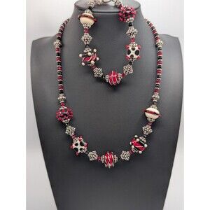 Vtg Artisan Lampwork Glass Crystal Beads 925 Sterling Bracelet Necklace Set Goth